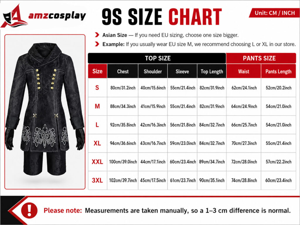 9S NieR:Automata cosplay costume size chart