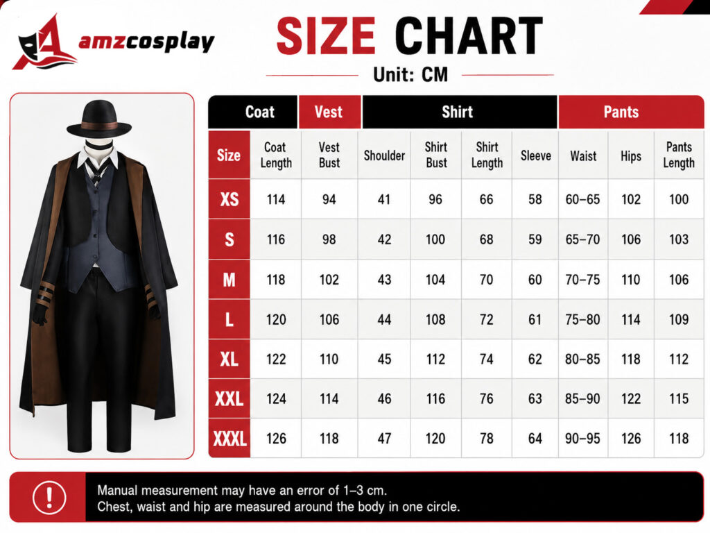 Chuuya Nakahara Bungou Stray Dogs cosplay costume size chart