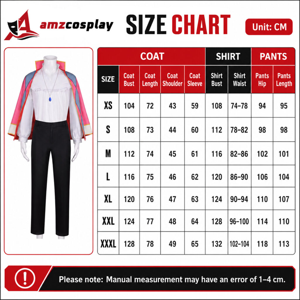 Howl Howl’s Moving Castle cosplay costume size chart