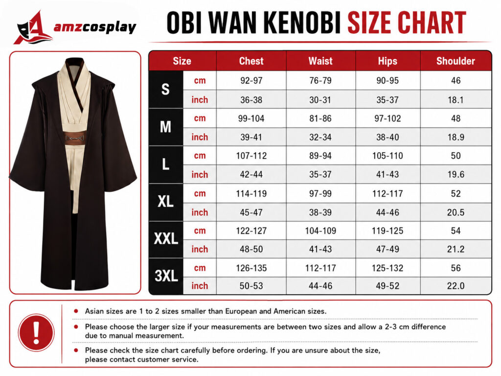 Obi-Wan Kenobi cosplay costume size chart