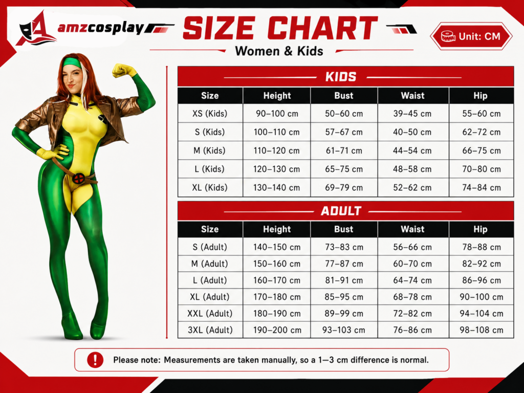 Rogue V2 X-Men cosplay costume women and kids size chart