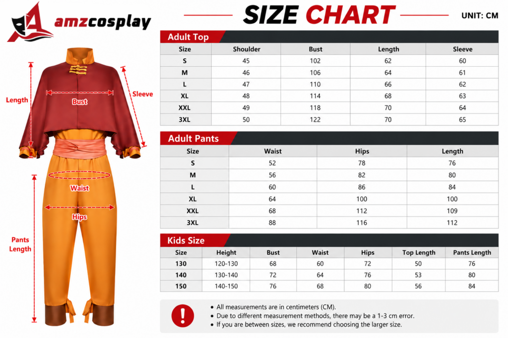 Aang Avatar The Last Airbender cosplay costume size chart