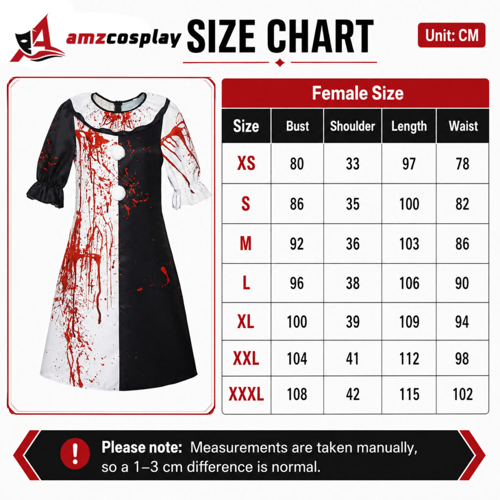 Art the Clown Girl Terrifier 2 cosplay costume size chart