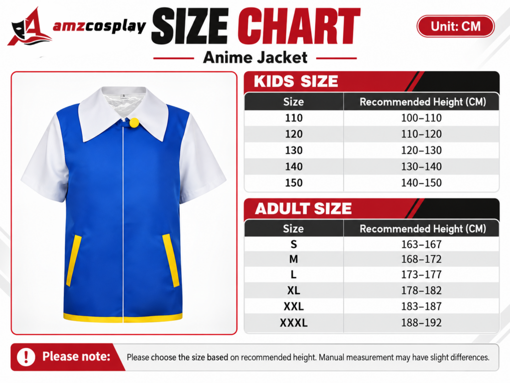 Ash Trainer Pokémon cosplay costume jacket size chart