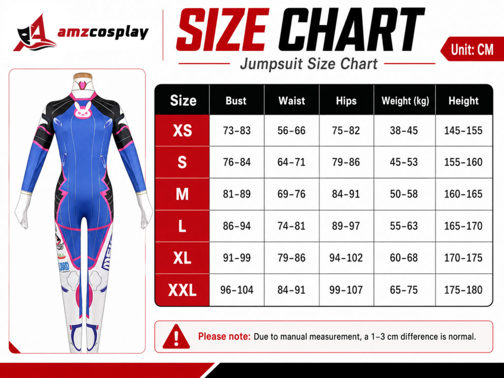 D.Va Overwatch cosplay costume size chart