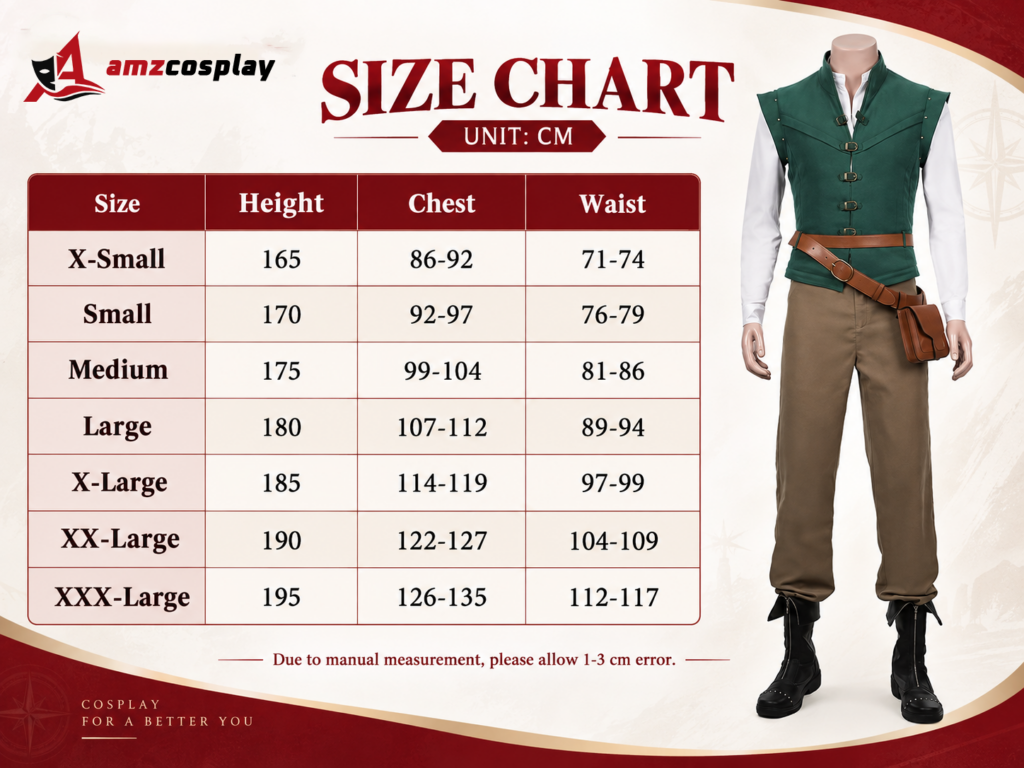 Flynn Rider Tangled costume size chart