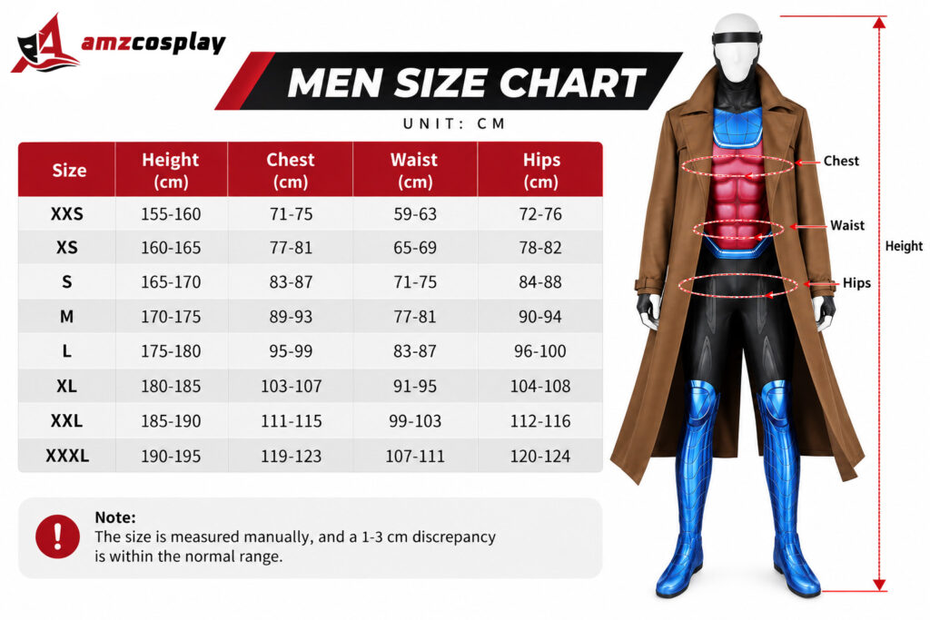 Gambit X-Men cosplay costume size chart