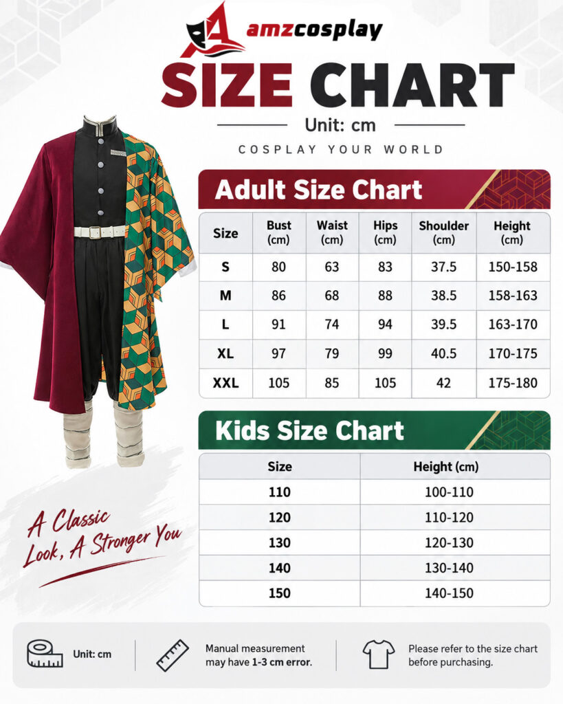 Giyu Tomioka Kimetsu No Yaiba cosplay costume size chart