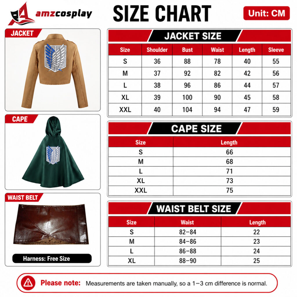 Hange Attack on Titan cosplay costume size chart