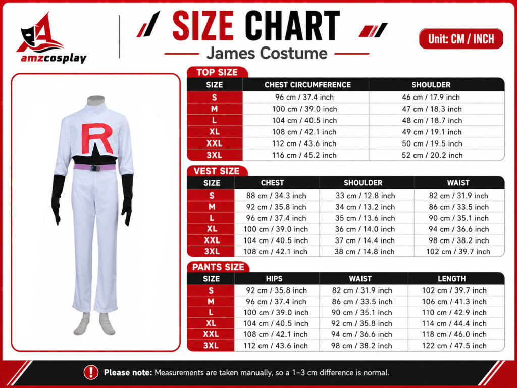 James Team Rocket Cosplay Costume size chart