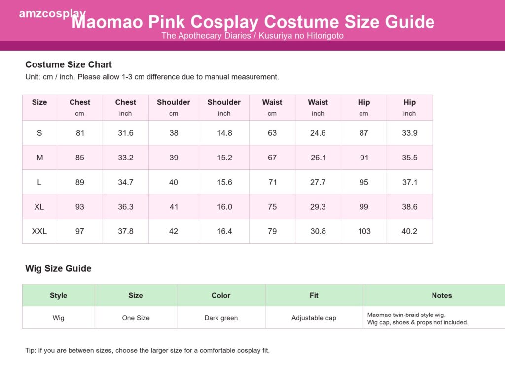 Maomao Pink The Apothecary Diaries cosplay costume size chart