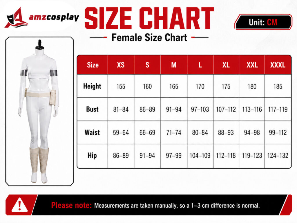 Padme Amidala Star Wars cosplay costume size chart