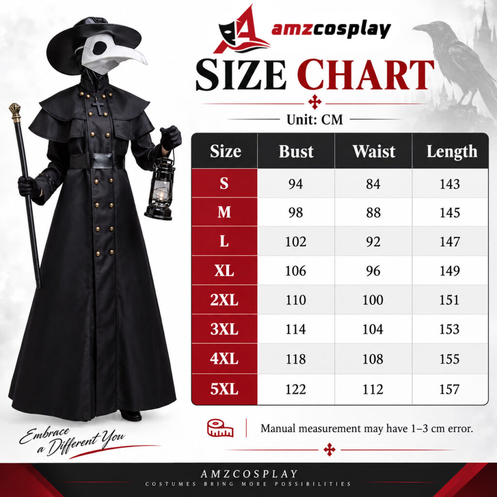 Plague Doctor hooded robe cosplay costume size chart