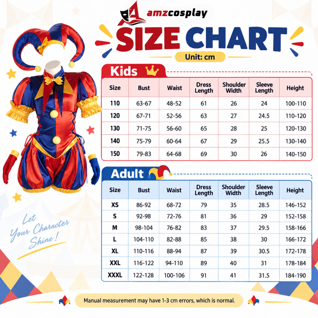 Pomni Jester The Amazing Digital Circus cosplay costume size chart