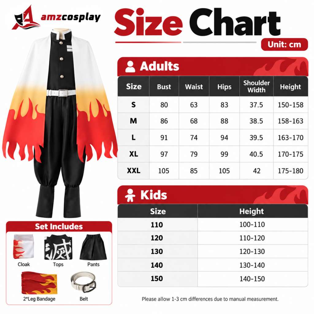 Rengoku Kyojuro Kimetsu No Yaiba cosplay costume size chart