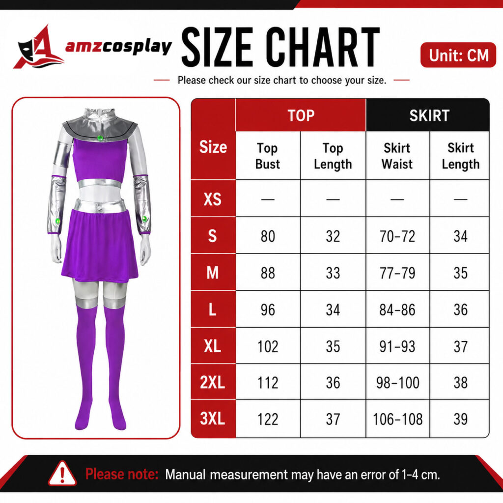 Starfire Teen Titans cosplay costume size chart