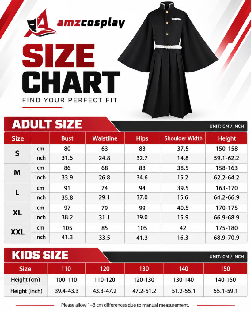 Tokito Muichiro Kimetsu No Yaiba cosplay costume size chart