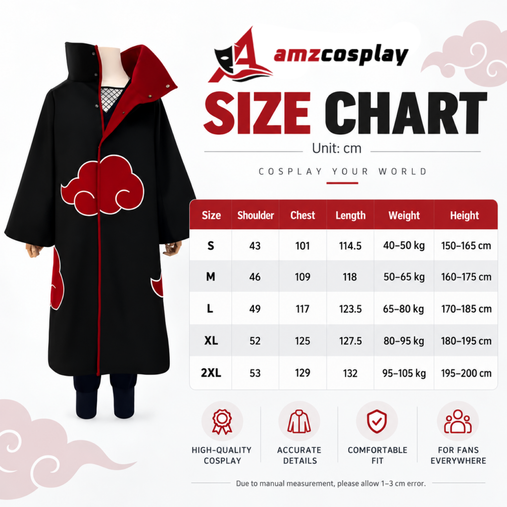 Uchiha Itachi Pain Cloak Naruto cosplay costume size chart
