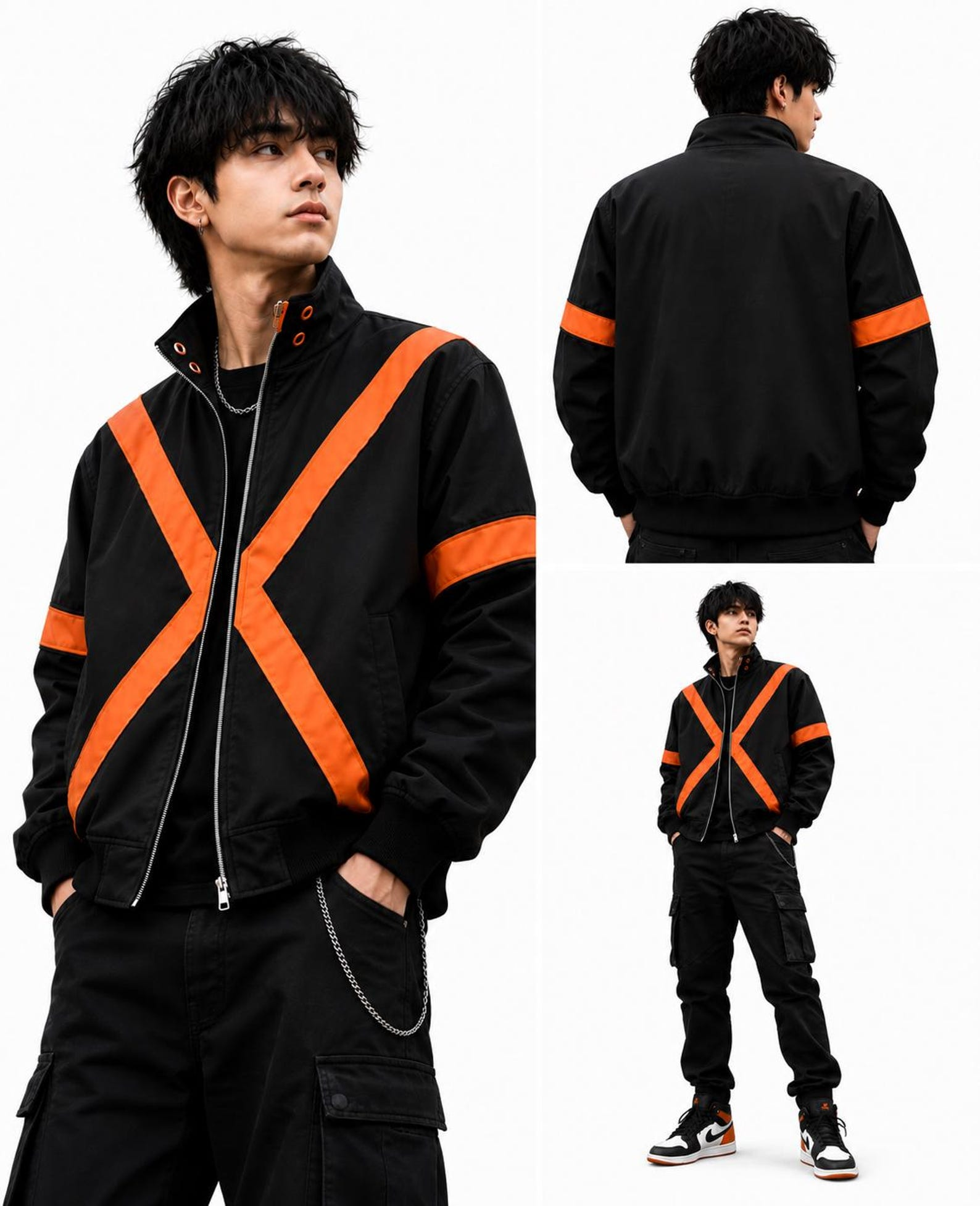 Bakugo Katsuki Inspired Black Orange Bomber Jacket, X-Design Anime Streetwear product photo 1