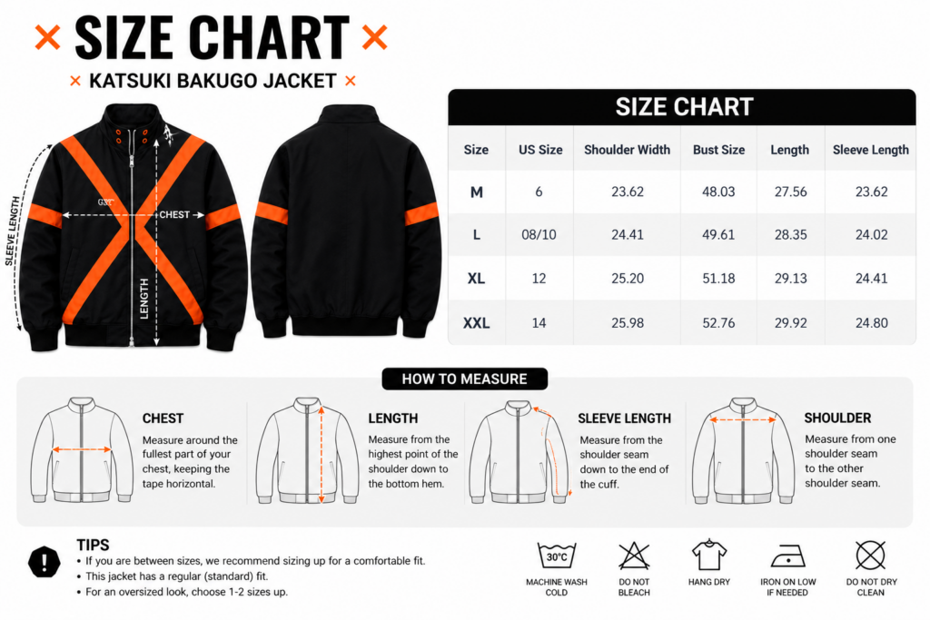 Bakugo Katsuki Inspired Black Orange Bomber Jacket, X-Design Anime Streetwear size chart