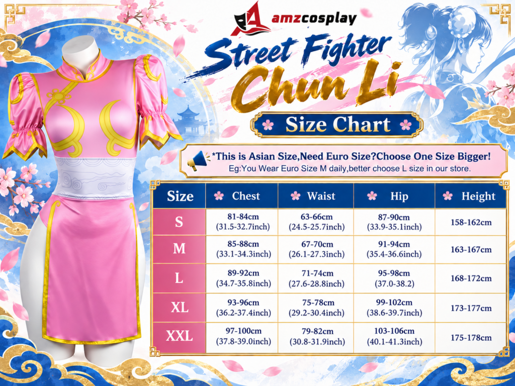 Chun Li Pink Street Fighter Halloween Cosplay Costume size chart