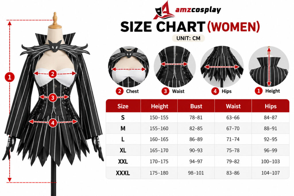 Jack Skellington Women Gothic Halloween Cosplay Costume size chart