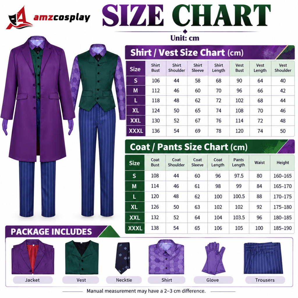 Joker Clown Cosplay Costume size chart