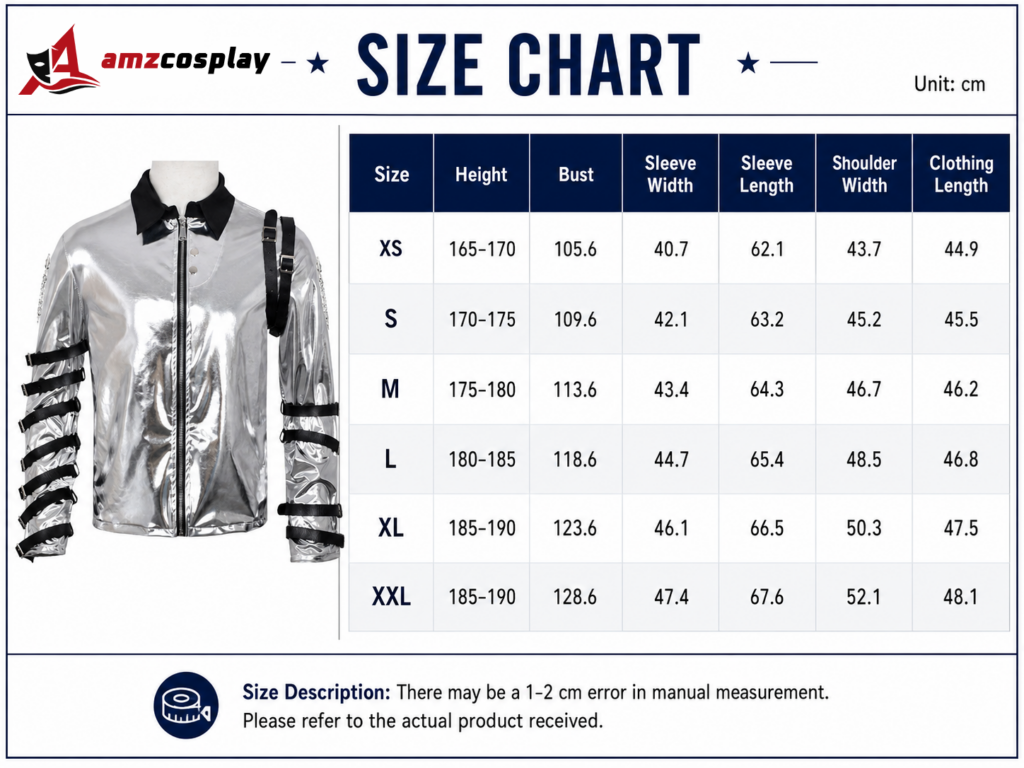 Michael Jackson Bad Era Silver Jumpsuit Adult size chart