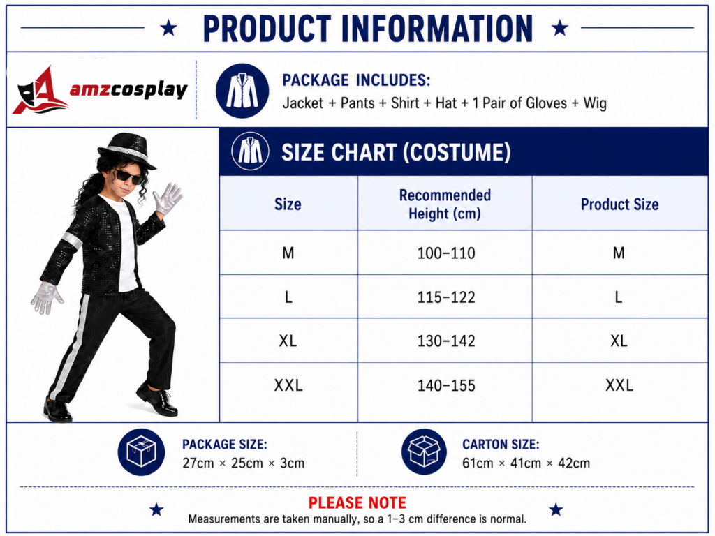 Michael Jackson Billie Jean for Kids size chart