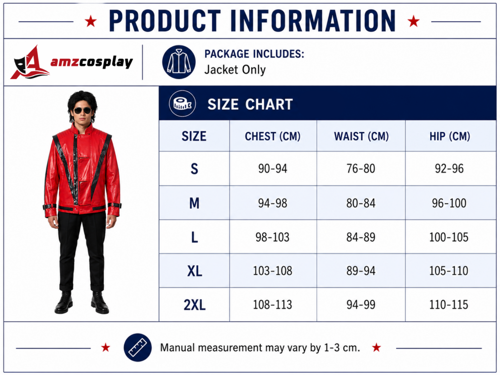 Michael Jackson Thriller Red Jacket Adult size chart