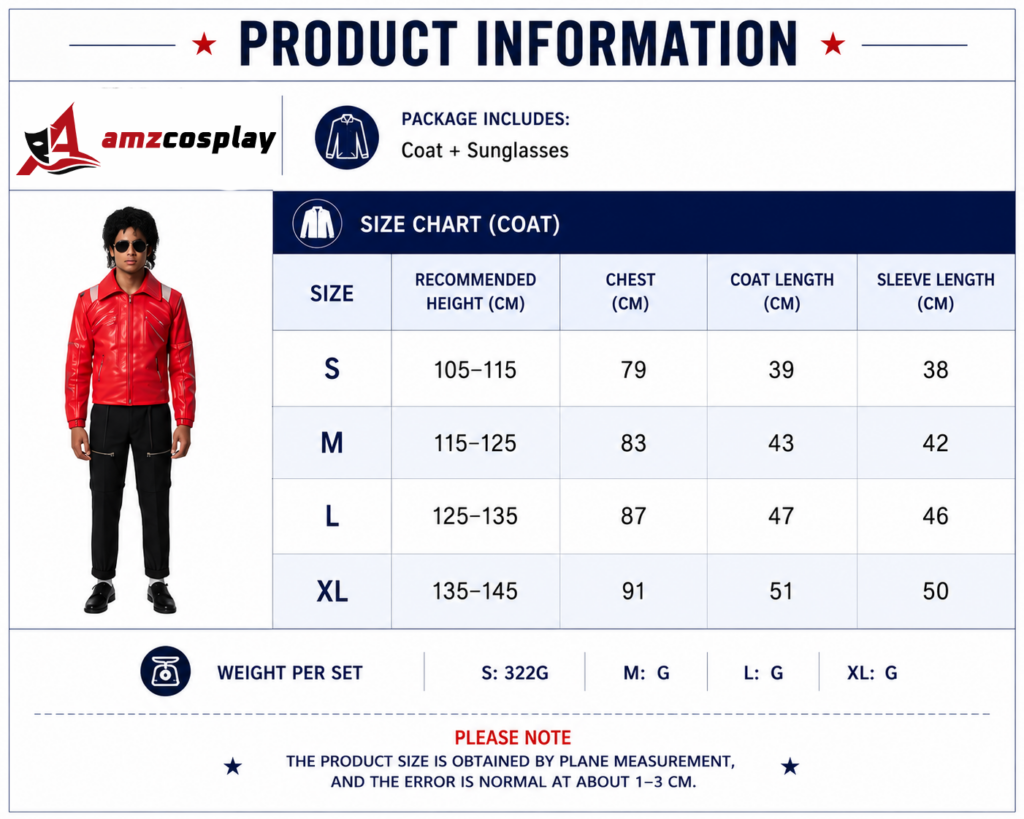 Michael Jackson Thriller Red Jacket Kid size chart