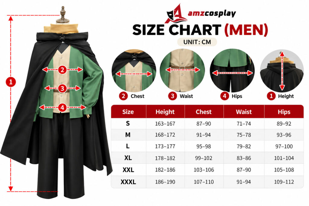Natsuki Subaru Re Zero Cosplay Costume V2 size chart