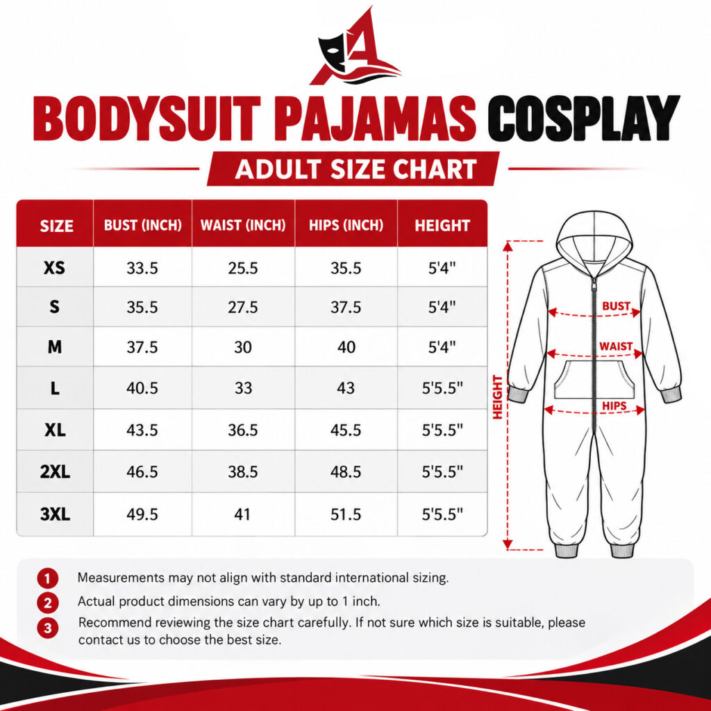 Phoenix – X Men Superhero Jumpsuit Pajamas Adult Size Chart