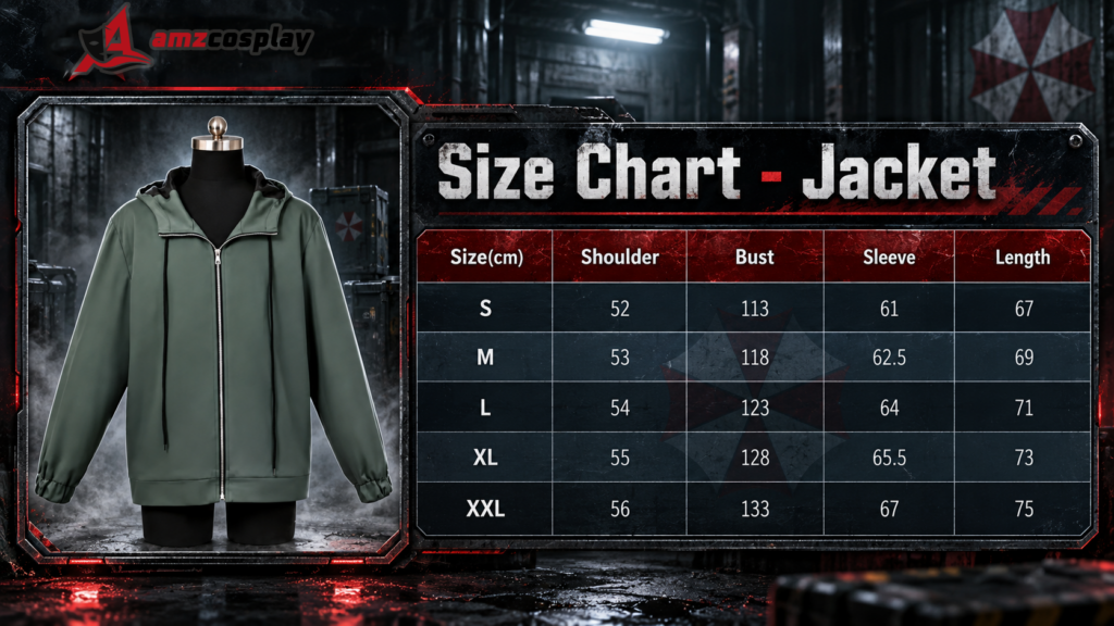 Resident Evil Bryan V2 Halloween Cosplay Costume Jacket size chart