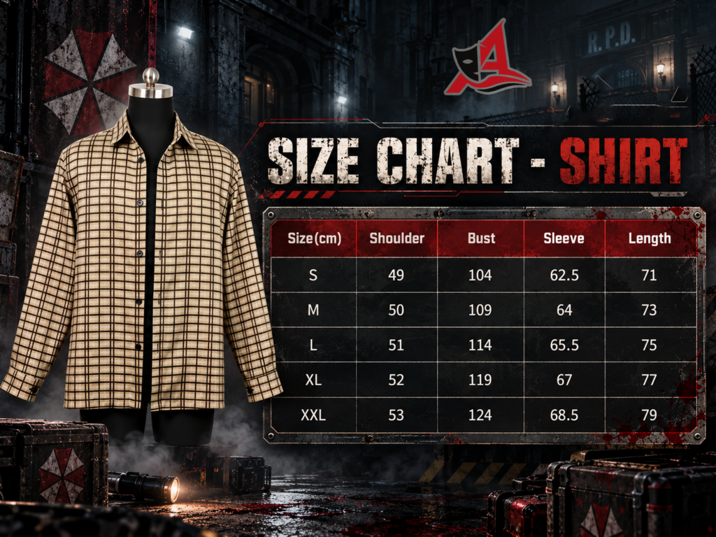 Resident Evil Bryan V2 Halloween Cosplay Costume Shirt size chart