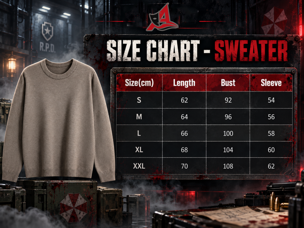 Resident Evil Bryan V2 Halloween Cosplay Costume Sweater size chart