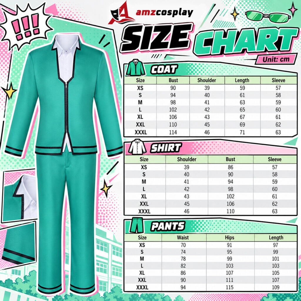 Saiki Kusuo The Disastrous Life of Saiki K. Cosplay Costumes size chart